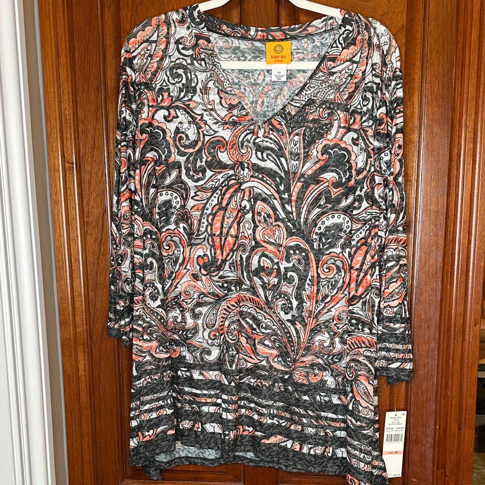 Ruby Rd. Black and Orange Paisley Long Sleeve Top